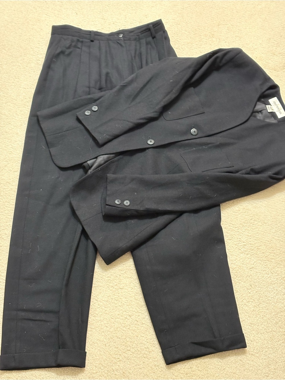 Wool Black Jones New York Classic Black High-Waist Pleated Pantsuit